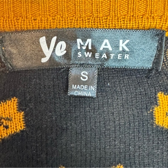 Yemak Black Cat Patterned mustard Yellow cardigan Sweater 3/4 sleeve size S - Picture 8 of 13